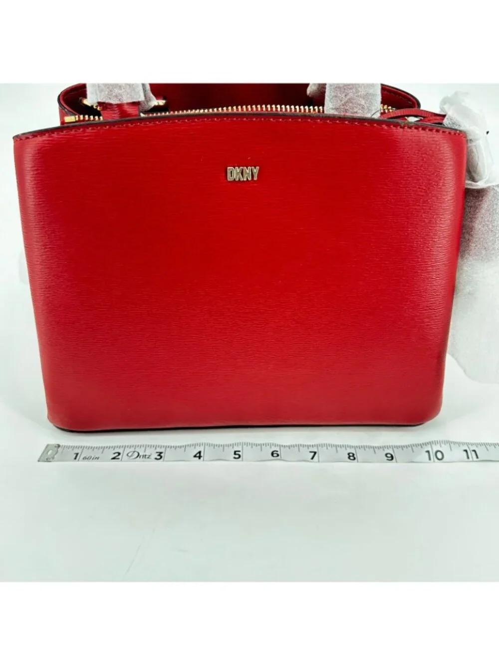 DKNY Paige Satchel Red Leather Zip Double Handle Gold Hardware Lined Structured